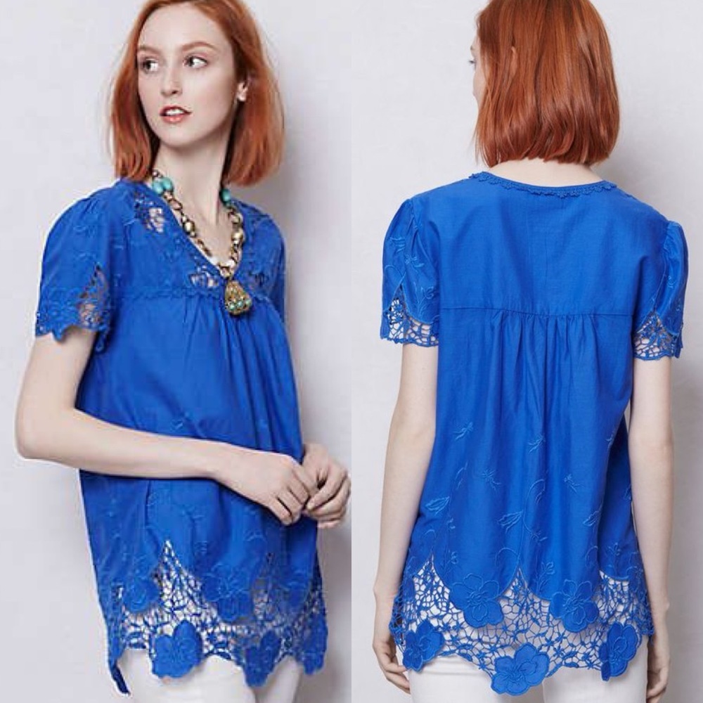 Anthropologie Blue Azurite Eyelet Top Short Sleeve Blouse Size 0 Vanessa Boho